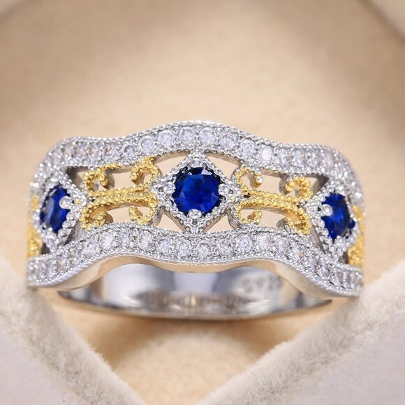 Eternity Royal Blue Flower Carving Vintage Rings for Women, PD247 - Picture 1 of 4